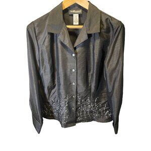 Sag Harbor NWT Charcoal Long Sleeve Button Up Embroidered Blouse SZ 14 Petite